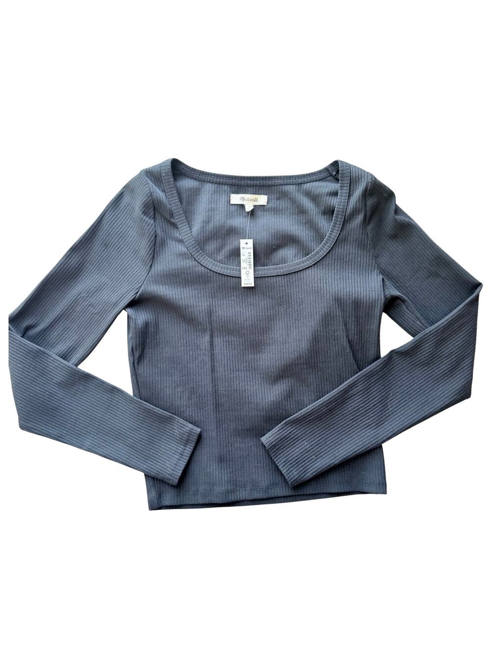 Madewell Ribbed Scoop Neck Long Sleeve Top Black Small NWT